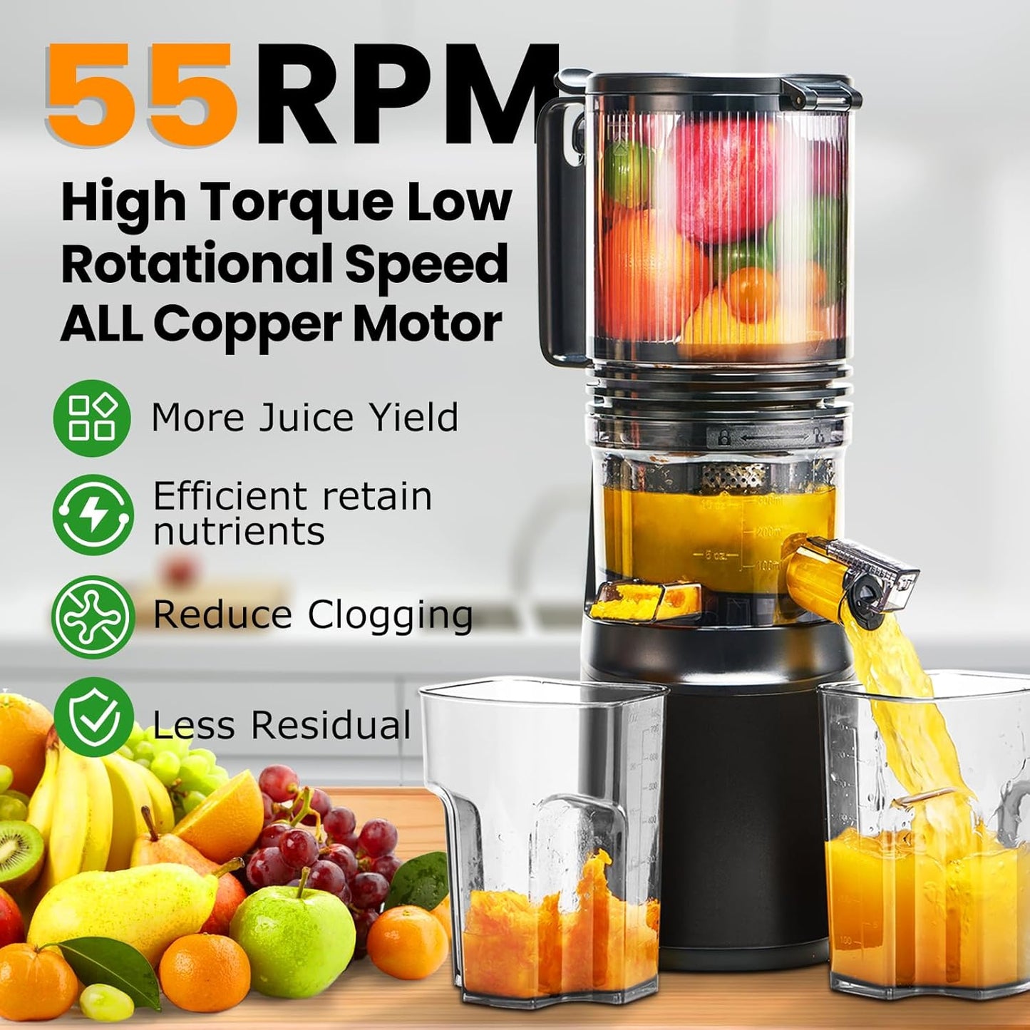 Cold Press Juicer,Slow Masticating Juicer Machines with 5.3" Large Feed Chute for Most Fruits and Vegetables,Easy to clean